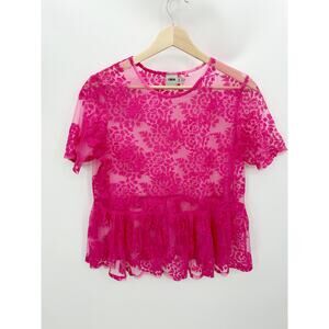 ASOS Pink Sheer Floral Short Sleeve Crew Neck Babydoll Top Women's Size 2